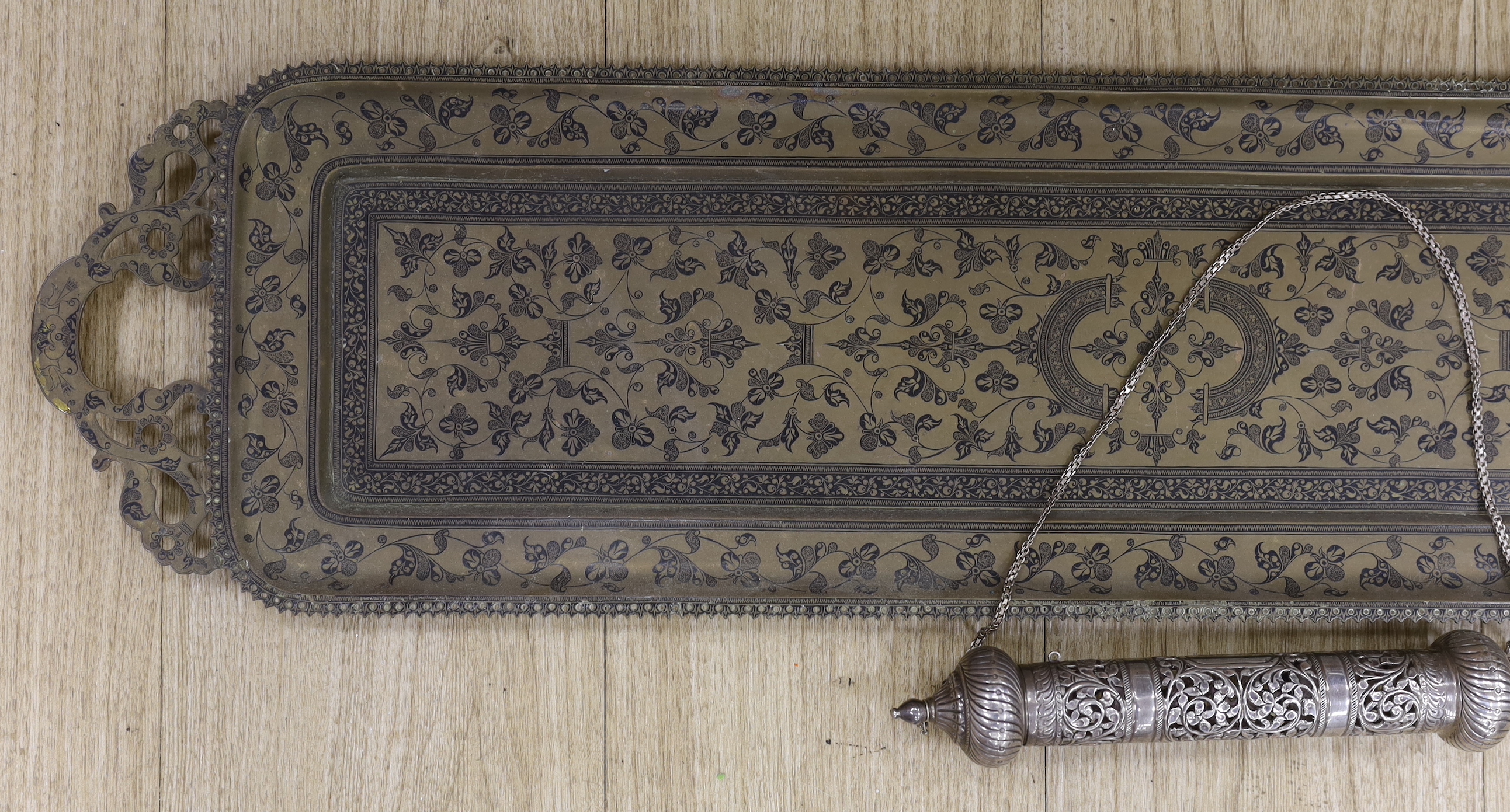 Judaica: A Torah scroll holder, together with an Indian tray, 91cm